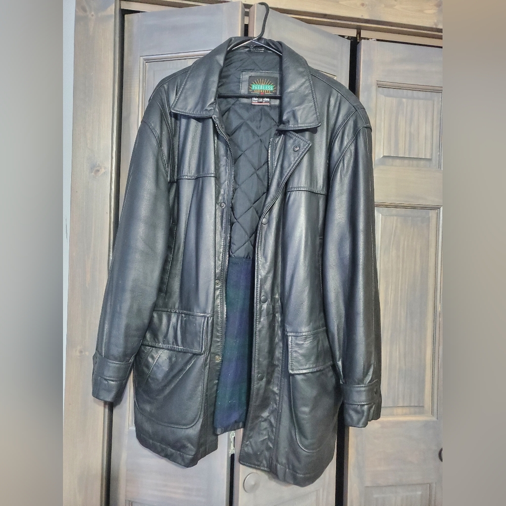 Black Leather Trench Coat with Quilted Plaid Interior